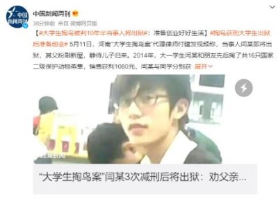 大學(xué)生掏鳥(niǎo)獲刑10年半當(dāng)事人將出獄